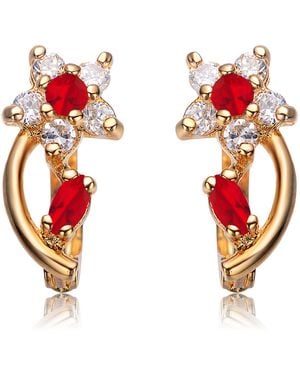 Genevive Jewelry Sterling Plated Ruby Cubic Zirconia Flower Huggie Earrings - Red