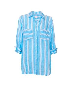 Hut Noosa Bell Stripe Boyfriend Linen Oversized Shirt - Blue