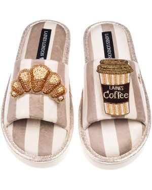 Laines London Neutrals Flatform Stripe Open Toe Slippers With Coffee & Croissant Brooches - Metallic