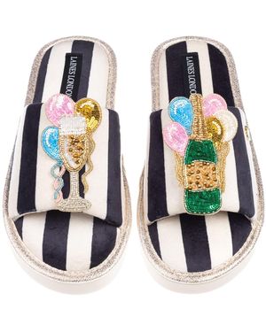 Laines London Flatform Stripe Open Toe Slippers With Birthday Bubbles Brooches - Blue