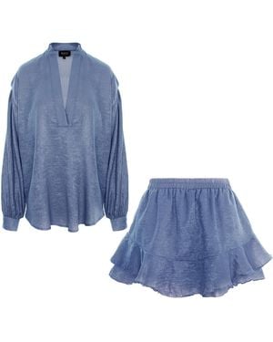 BLUZAT Textured Two-Piece Set With Ruffle Skirt - Blue