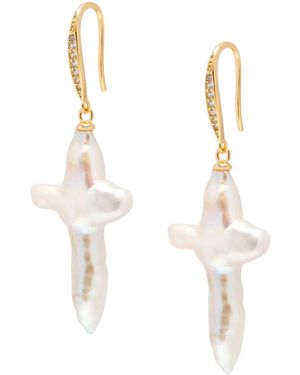 Nialaya Pearl Cross Earrings - Metallic