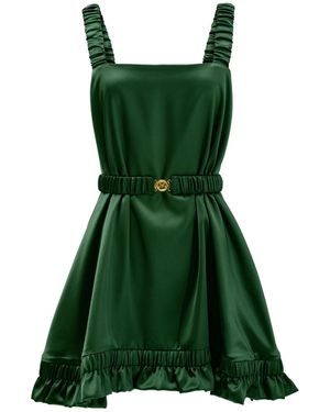 Kargede Emerald Satin Dress – Designer Silky Slip Mini, Square Neckline - Green