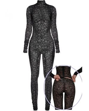 Monosuit Premium Italian Textile Floral Lace Long Sleeve Turtleneck Full Bodysuit - Black