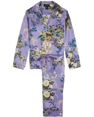 Meng Crane Silk Satin Pajama Set - Blue