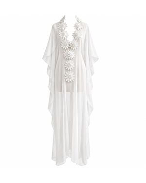 Belyed Handcraft Hawaiian – Floral Embellished Silk Chiffon Beach Kaftan By Belyed - White