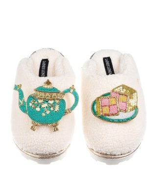 Laines London Neutrals Laines X Juliet Teddy Closed Toe Slippers With Tea & Battenberg Cake Brooches - Blue
