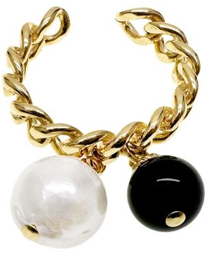 Farra Timeless Obsidian And Freshwater Drops Adjustable Ring - Metallic