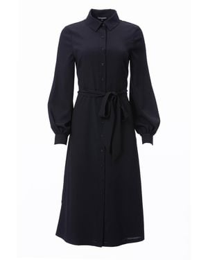 Carloslines Button Down Striped Satin Jacquard Shirt Dress With Puff Long Sleeve & Pockets - Blue