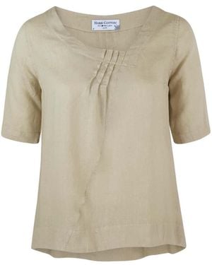 Haris Cotton Neutrals Asymmetric Neck Linen Blouse With Pleates - Natural