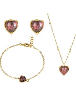Lila Rasa Rhodonite May Birthstone For Self-Love & Balance Jewellery Set Necklace, Earrings & Bracelet - Metallic