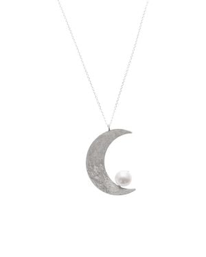 Silver Moon Sterling Necklace With Pendant And Pearl - Metallic
