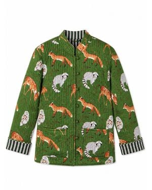 Yumi' Fox Print Reversible Cotton Quilted Jacket - Green