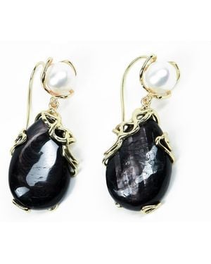 Addicted Calipso Bronze Earrings With Majorca Pearls & Obsidian - Black