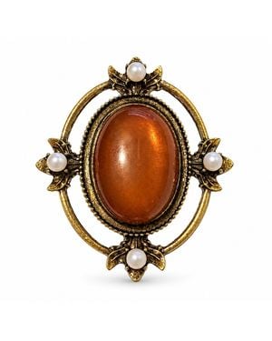 By Ozge Autumn Serenity Agate-Effect & Pearl Vintage Brass Statement Brooch - Brown