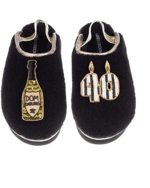 Laines London Flatform Cloud Closed Toe Slippers With Stripe 40Th Birthday & Dom Darling Brooches - Black