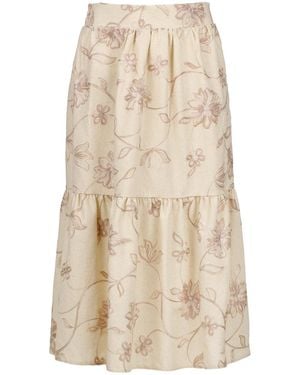 Conquista Neutrals Ecru Embroidered Floral Midi Skirt - Natural