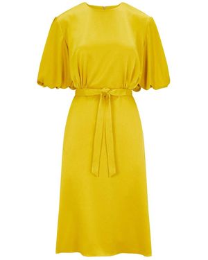 Femponiq Draped Puff Sleeve Satin Dress - Yellow