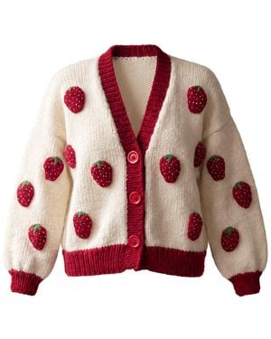 Ana Chic Neutrals Burgundy Trim Strawberry Handmade Knitted Cardigan - Red