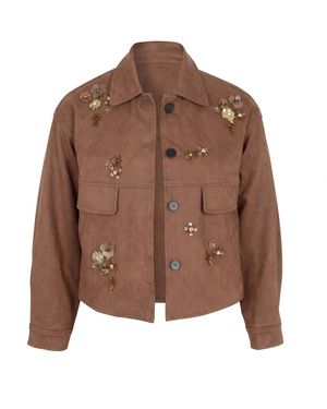 Modenaire Floral Embellished Suede Effect Jacket - Brown
