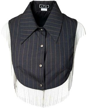 L2R THE LABEL Pinstriped Reversible Metallic Fringe Vest - Blue