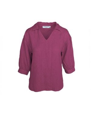 Haris Cotton Linen V-Neck Blouse With Collar And Three Quarters Sleeves Tulip - Purple