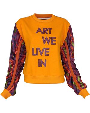 Lalipop Design Colour Block Sweatshirt With Satin Puff Sleeves - Orange