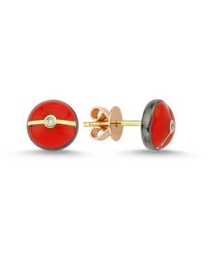 Ecce | Artisan Diamonds Enameled Very Mini Multi Diamond Buttons 14K Earring - Red