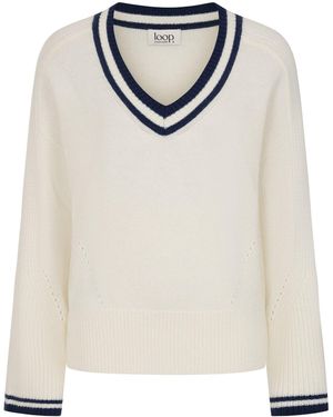 Loop Cashmere Striped Tipped V Neck Lofty Sweater - White