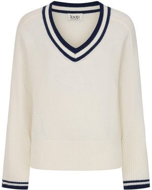 Loop Cashmere Striped Tipped V Neck Lofty Jumper - White