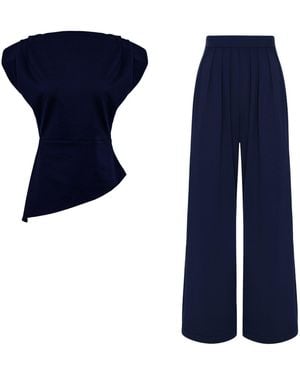 BLUZAT Set With Structured Shoulder Top And Palazzo Pants - Blue
