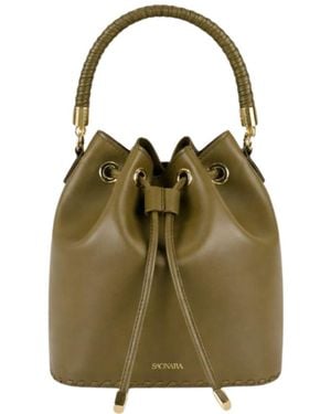 Saonara Brand Bucket Bag Khaki Leather - Green