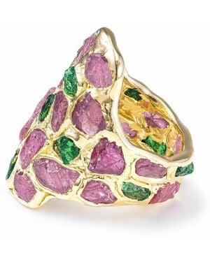 German Kabirski Kelea Handcrafted Plated Ring With Raw Spinel And Tsavorite Garnet - Pink