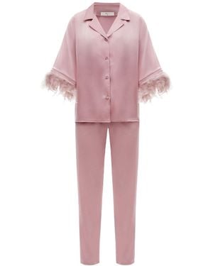 KÂfemme Lilac Satin Feather Shirt And Pant Pajama Set - Pink
