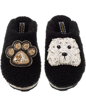 Laines London Teddy Towelling Closed Toe Slippers With Queenie The Bichon Frise & Paw Brooch - Black