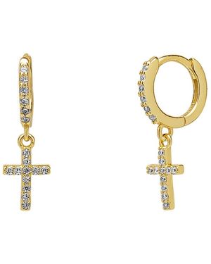 Spero London Sterling Huggie Pave Cross Drop Earring - Metallic