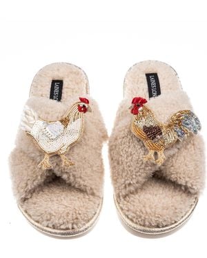 Laines London Neutrals Laines Neutral Boucle Slippers With Chicken & Cockrel Brooches - Brown