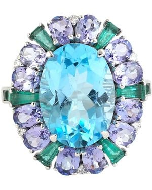 Artisan Topaz, Emerald, Tanzanite & Diamond Halo Ring - Blue