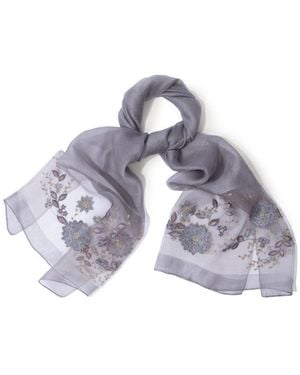 Saachi Floral Embroidered Silk Scarf - Grey