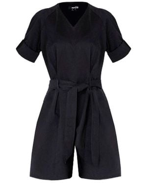 Monosuit Short Sleeve Cotton V-Neck Tie-Waist Short Casual Jumpsuit Angela - Blue