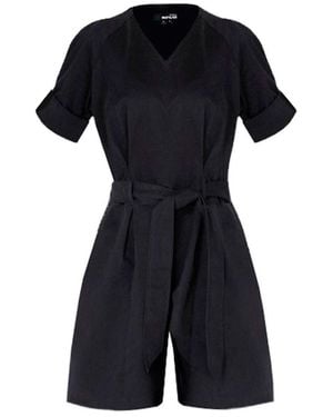 Monosuit Short Sleeve Cotton V-Neck Tie-Waist Short Casual Jumpsuit Angela - Blue
