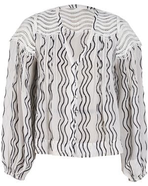 Rose & Nancy Corinne Cream Waves Print Lace Trim Blouse - White