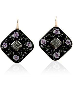 Artisan 18K, Bakelite, Enamel & Diamond Floral Drop Earrings - Black
