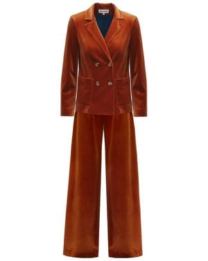 Julia Allert Retro Co-Ord Set – Jacket & Wide-Leg Trousers Rust Velvet - Red