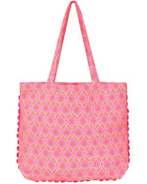 Luella Fashion Fabric Tote Bag Printed Pattern With Ric-Rac Trim Neon - Pink