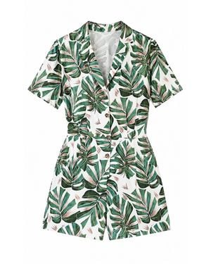 Yumi' Viscose Leaf Print Retro Playsuit - Green