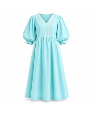 IZABELA MANDOIU Aqua Midi Dress With Puff Sleeves And Decorative Trim - Blue