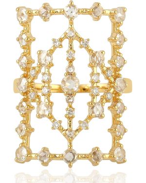Artisan 18k Yellow Gold Genuine Diamond Square Shape Cocktail Ring Handmade Jewellery - Metallic