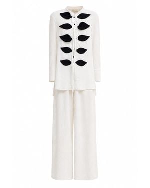 Julia Allert Lightweight Crinkled Blouse & Wide-Leg Trousers Co-Ord Set – Ivory - White