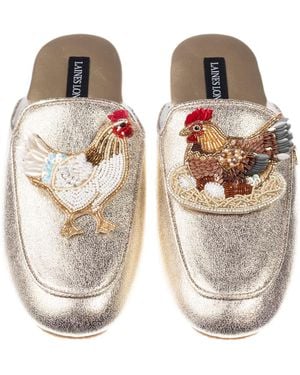 Laines London Classic Mules With Chicken & Hen On Nest Brooches - Metallic